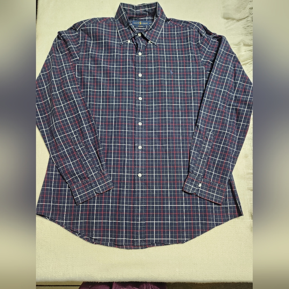 Mens Ralph Lauren Navy and Red Checkered Shirt Size L